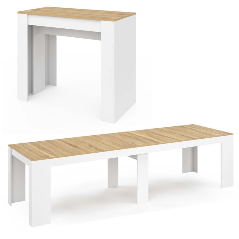 Idmarket - Table console extensible orlando 14 personnes 300 cm blanc et façon hêtre