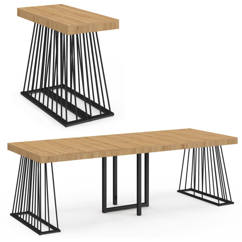 Table console extensible YUNA 10 personnes 235 cm plateau bois et pied filaire en métal noir