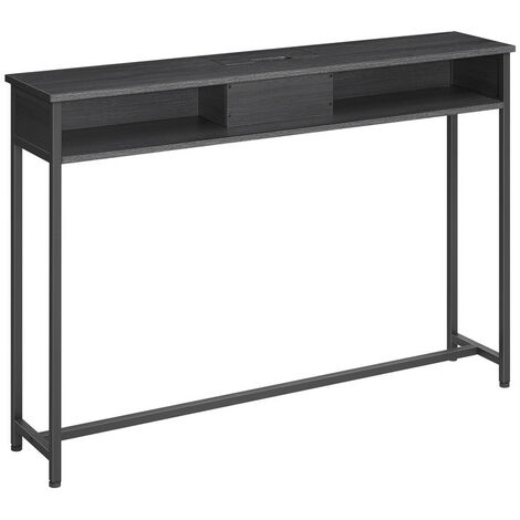 Table Console Fine avec Multiprise, Table de Canapé avec 2 Compartiments, Chargement Caché, Gain de Place, 25 x 120 x 81,1 cm, pour Entrée, Salon, Noir Boisé et Noir d'Encre
