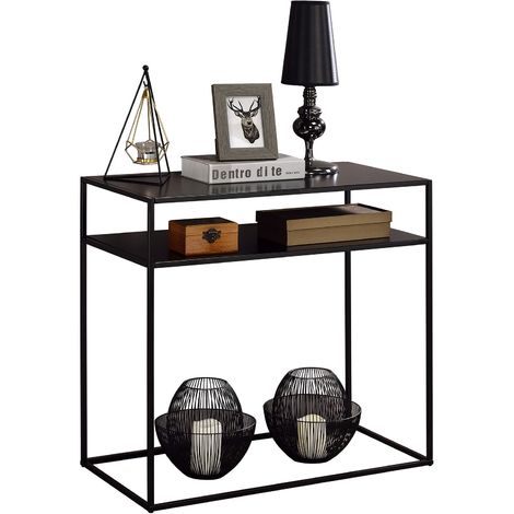 Table console GONZALO avec 2 étagères, table d'appoint avec cadre et plateau en métal laqué noir, table d'entrée dim 80x77x40 cm - Noir