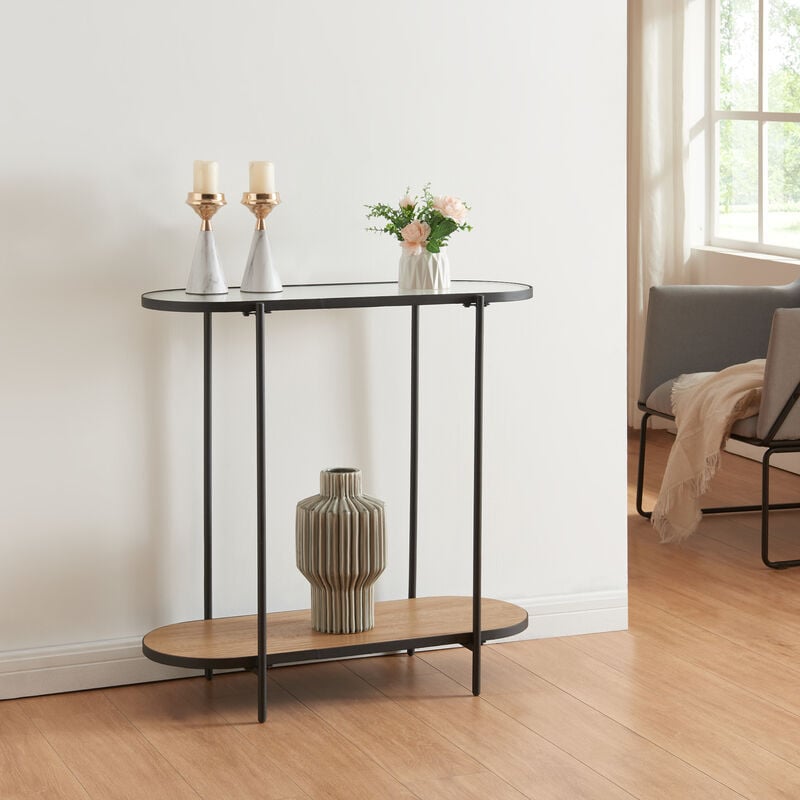 [en.casa] - Table console Høyanger métal verre mdf 80 x 80 x 30 cm noir transparent effet chêne