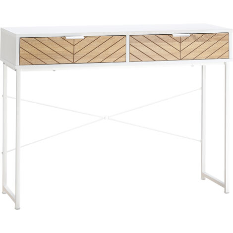 Table console industriel 2 tiroirs aspect bois de chêne sculpté motif à chevrons piètement métal blanc - Blanc
