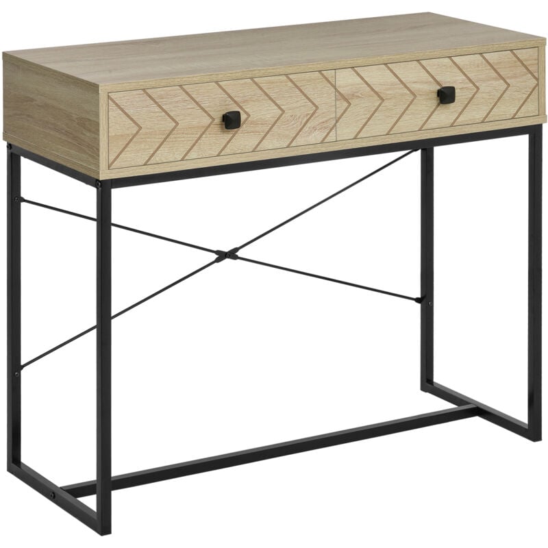 Homcom - Table console industriel 2 tiroirs bois naturel pieds métal dim. 90 x 35 x 76 cm