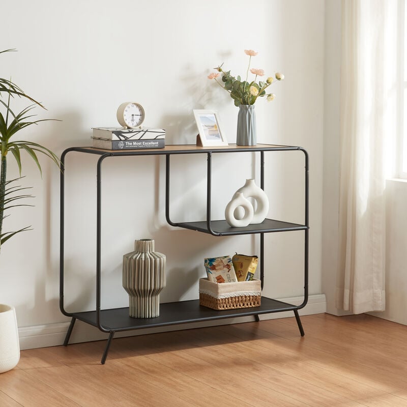 [en.casa] - Table console Krødsherad avec 2 étagères métal mdf 83 x 102 x 36 cm noir effet chêne
