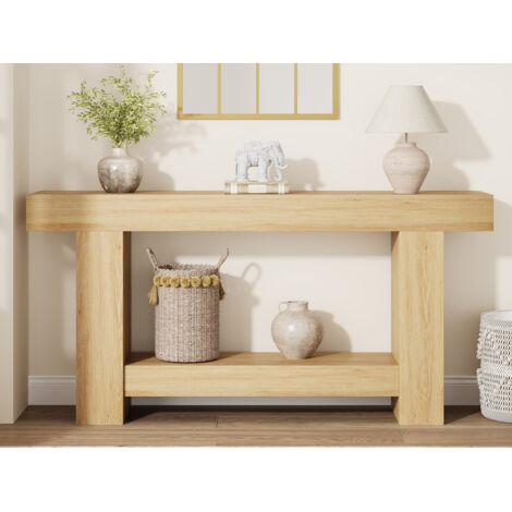 Table console longue 160cm bois massif, 2 niveaux, Meuble d’entrée rustique pour, salon ou canapé, Montage facile, bois