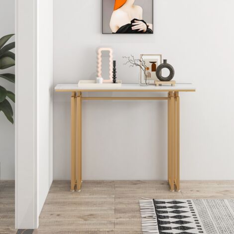 Maisonchic – Table console en faux marbre 110 x 30 x 81 cm – Cadre métal noir – Pour entrée, couloir, salon – Assemblage facile, pieds réglables