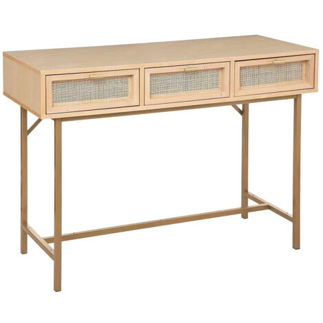 Table Console meuble d'entrée à 3 tiroirs cannage rotin - Longueur 110 x Profondeur 40 x Hauteur 80 cm