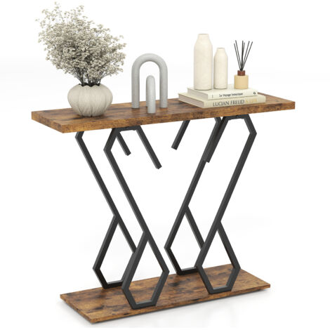 Table Console, Meuble d'Entrée avec Étagère, Design Géométrique Moderne, Cadre en Métal Doré, Kit Anti-Basculement Inclus, 100 x 30 x 80 cm, Marron