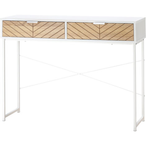 Table console moderne 2 tiroirs métal structure croix 100x30x75cm blanche