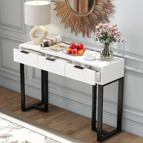 Table console moderne avec 3 tiroirs, coiffeuse, 120x36x80cm, blanc + noir