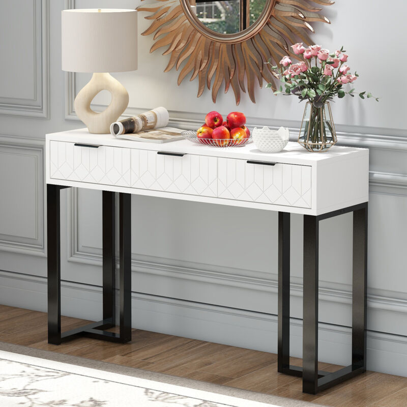 Table Console Moderne avec 3 Tiroirs,Structure Dorée,Repose-Pieds Réglables et Poignées élégantes Blanc + Noir