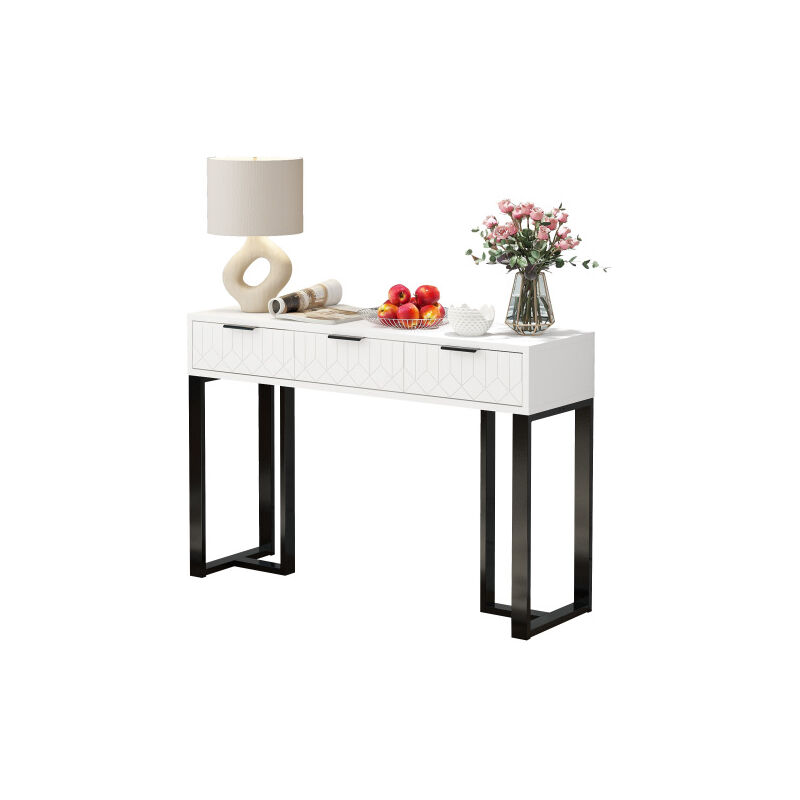 Table console moderne avec tiroirs, structure dorée, repose-pieds réglables et poignées élégantes (blanc+noir)