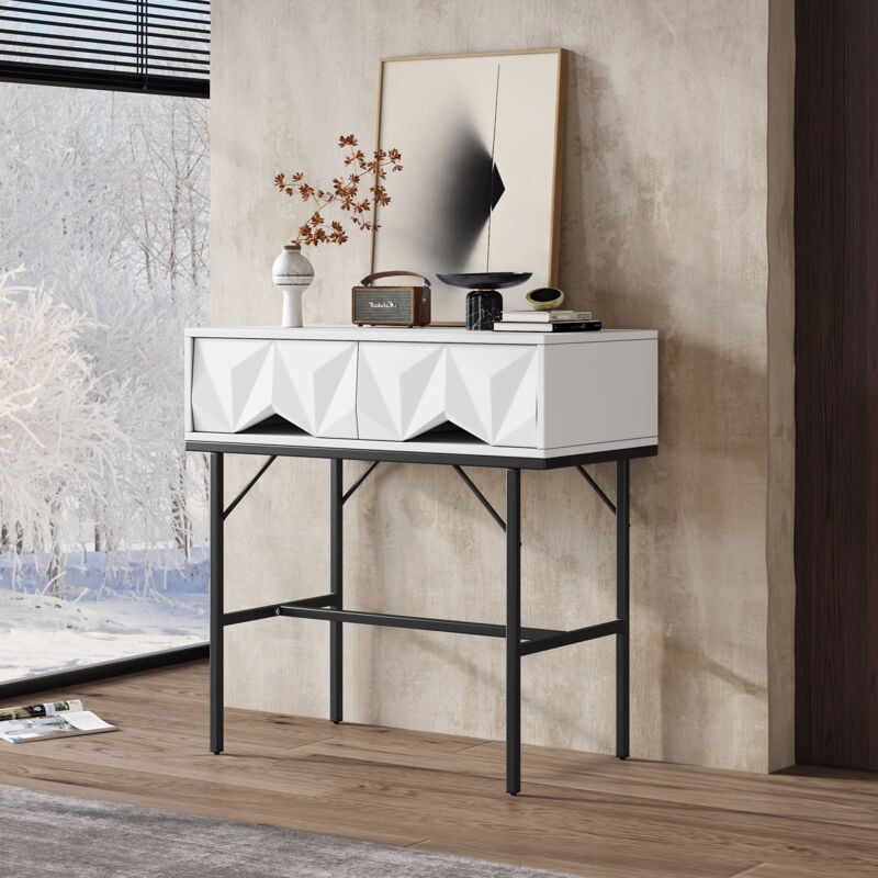 Table console moderne et élégante, tiroir géométrique tridimensionnel, Design creux, entrée, salon (pieds blancs + noirs)