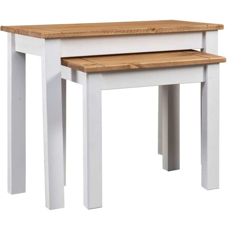Vidaxl – Tables gigognes 2pcs en bois de pin massif – Couleur blanc et naturel – Dimensions 56x40x53,5cm et 43x35,5x42,5cm – Empilables