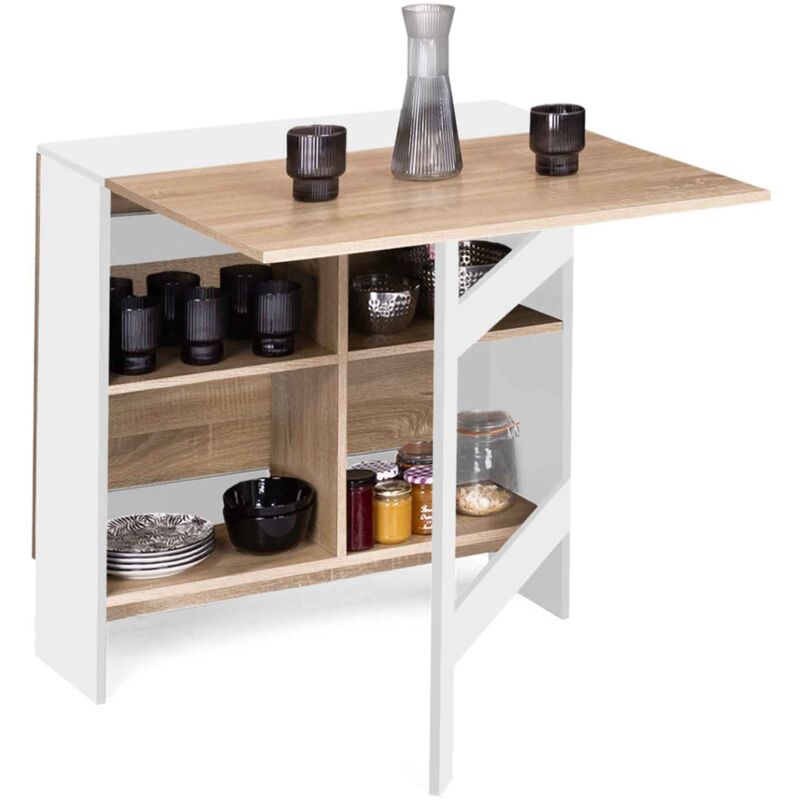 Table console pliable edi 2-6 personnes avec rangements bois blanc plateau façon hêtre 150 x 80 cm