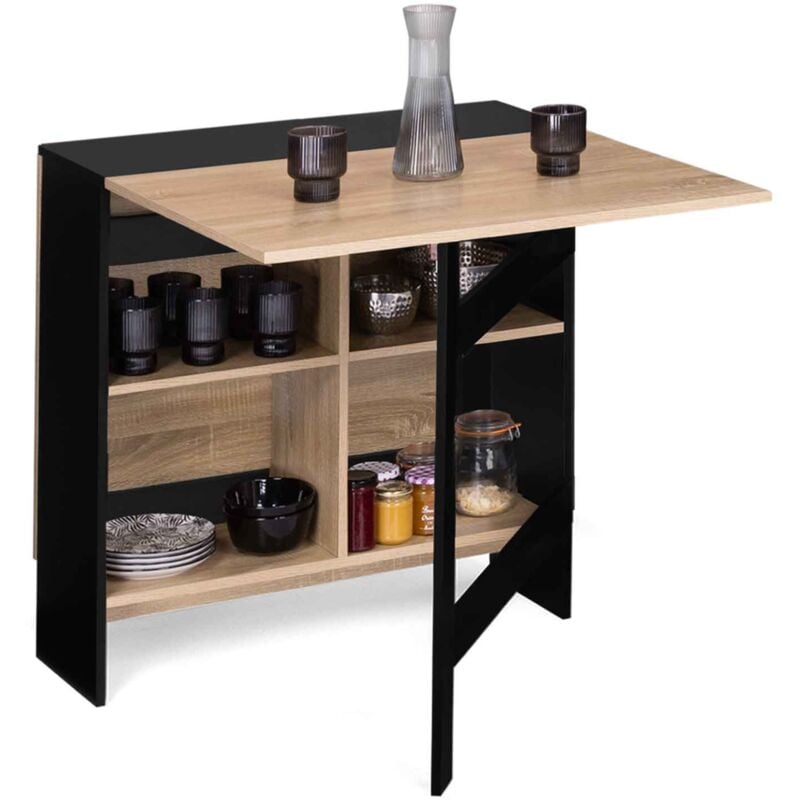 Table console pliable edi 2-6 personnes avec rangements bois noir plateau façon hêtre 150 x 80 cm