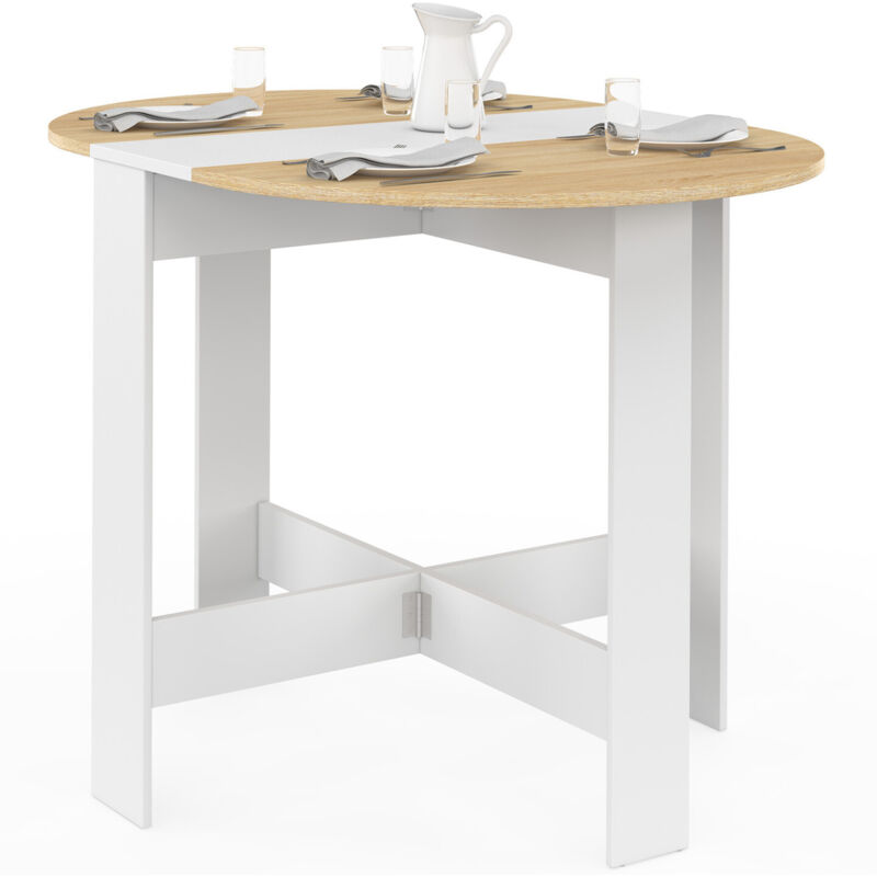 Table console pliable ronde EDI 2-4 personnes bois blanc plateau façon hêtre 103 x 76 cm