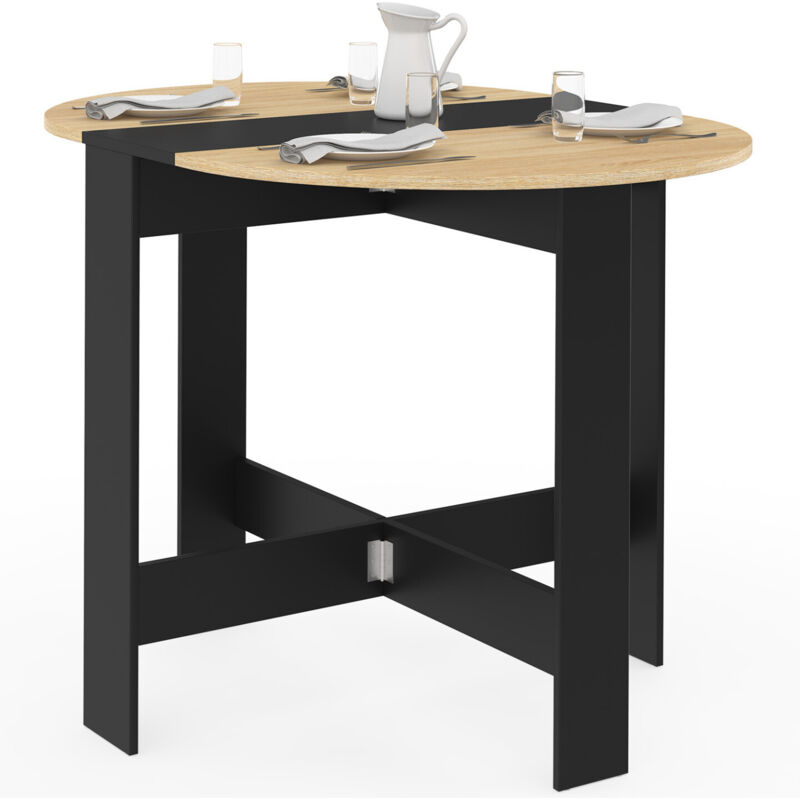 Table console pliable ronde EDI 2-4 personnes bois noir plateau façon hêtre 103 x 76 cm