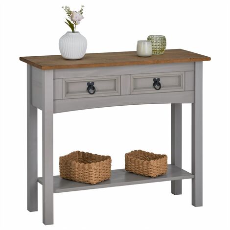 Table console RAMON table d'appoint rectangulaire en pin massif gris et brun avec 2 tiroirs, meuble d'entrée style mexicain en bois - Gris/Naturel