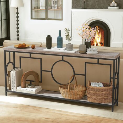 Table Console Rectangulaire à 2 Niveaux Table d'Entrée Étroite avec Étagères de Rangement et Cadre en Métal Brun Rustique + Noir