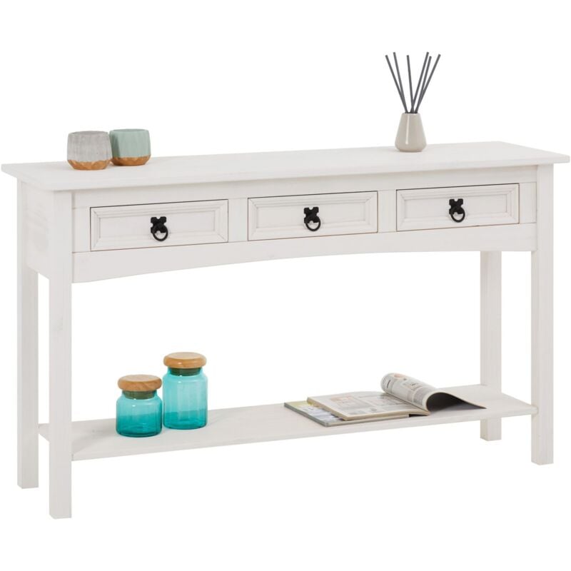 Idimex - Table console rural avec 3 tiroirs, style mexicain en pin massif blanc