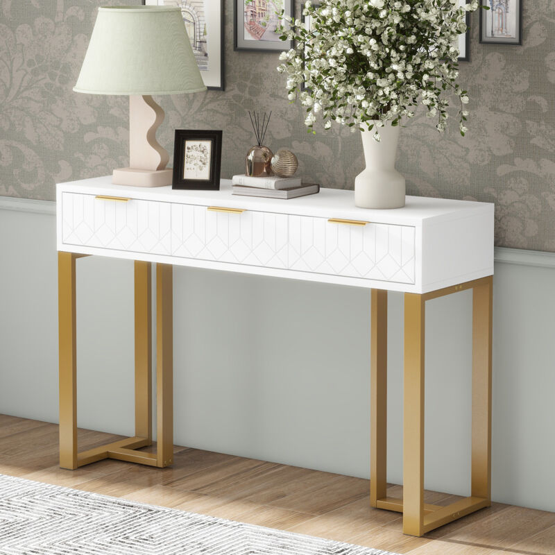 Table Console Salon avec 3 Tiroirs,Meuble Entrée Structure Dorée, Repose-Pieds Réglables et Poignées élégantes Blanc + Or