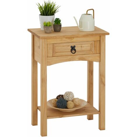 Table console SALSA table d'appoint en bois style mexicain avec 1 tiroir et 1 étagère, en pin massif finition teintée/cirée - Naturel