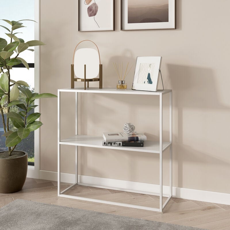 [en.casa] - Table console Strömstad avec 2 surfaces de rangement acier 80 x 80 x 26 cm blanc mat
