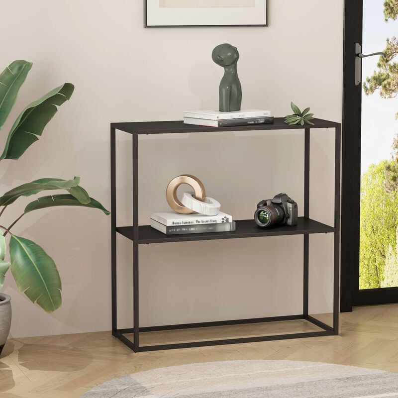Table console Strömstad avec 2 surfaces de rangement acier 80 x 80 x 26 cm noir mat [en.casa]