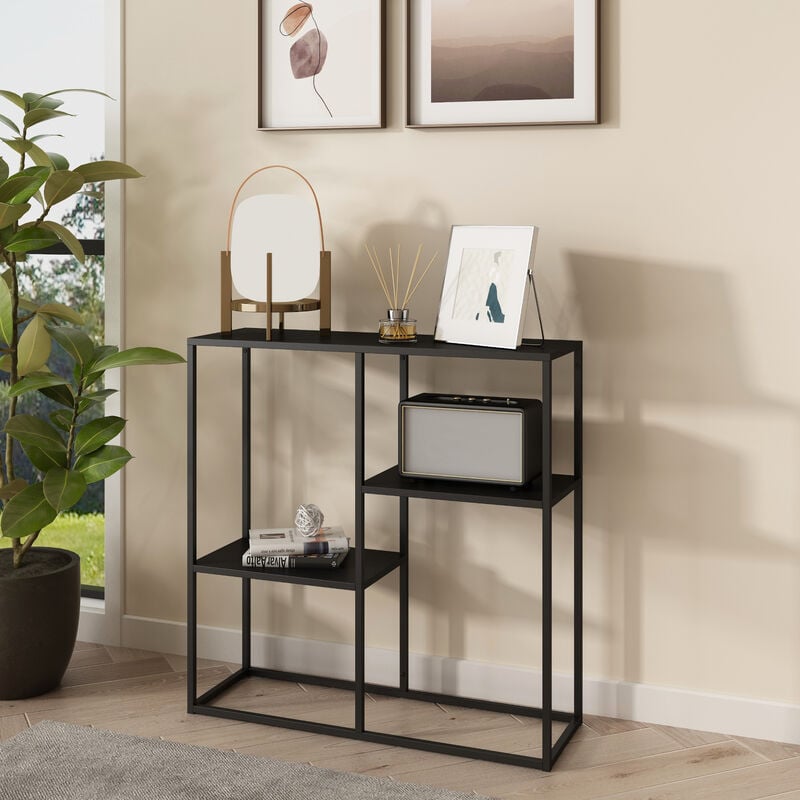 [en.casa] - Table console Strömstad avec 3 surfaces de rangement acier 80 x 80 x 26 cm noir mat