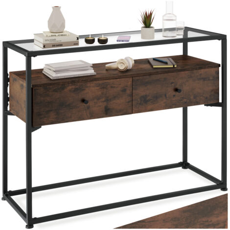 Tectake – Table console industrielle 101,5 x 41,5 x 80,5 cm – Bois foncé avec plaque en verre – Structure acier revêtue – 2 tiroirs spacieux