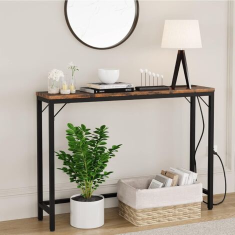 Table console style industriel - Table d'appoint Bout de canapé avec prise-Table d’entrée- 100 x 23 x 80 cm-marron
