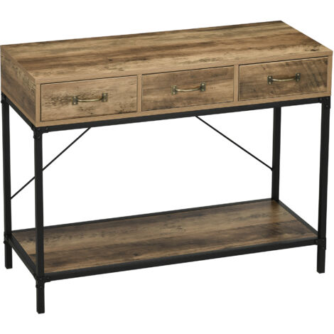 Table console table d'appoint d'entrée industriel 3 tiroirs 1 plateau aspect bois 100 x 35 x 76,5 cm marron clair noir