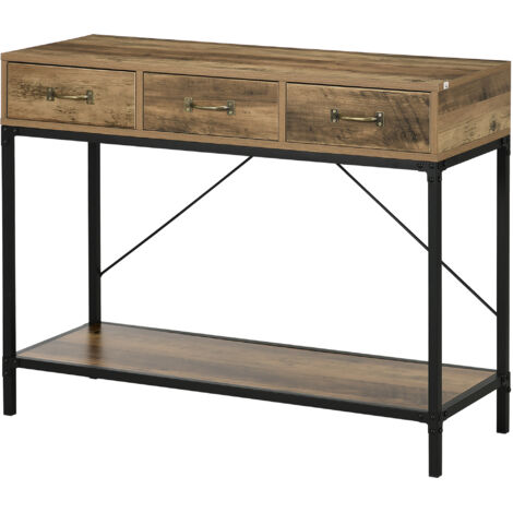 Table console table d'appoint d'entrée industriel 3 tiroirs 1 plateau aspect bois 100 x 35 x 76,5 cm marron clair noir-Marron