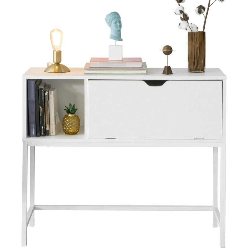 Sobuy - Table Console Table d'appoint Table d'Entrée Bureau Informatique pour Ordinateur avec 1 Abattant et 1 Compartiment Cadre métal,FSB21-W ®