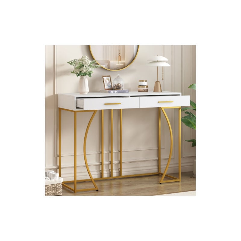 Okwish - Table de couloir blanche, table d'appoint carrée avec 2 tiroirs et pieds réglables en métal, pour chambre et salon, 110x32x85 cm
