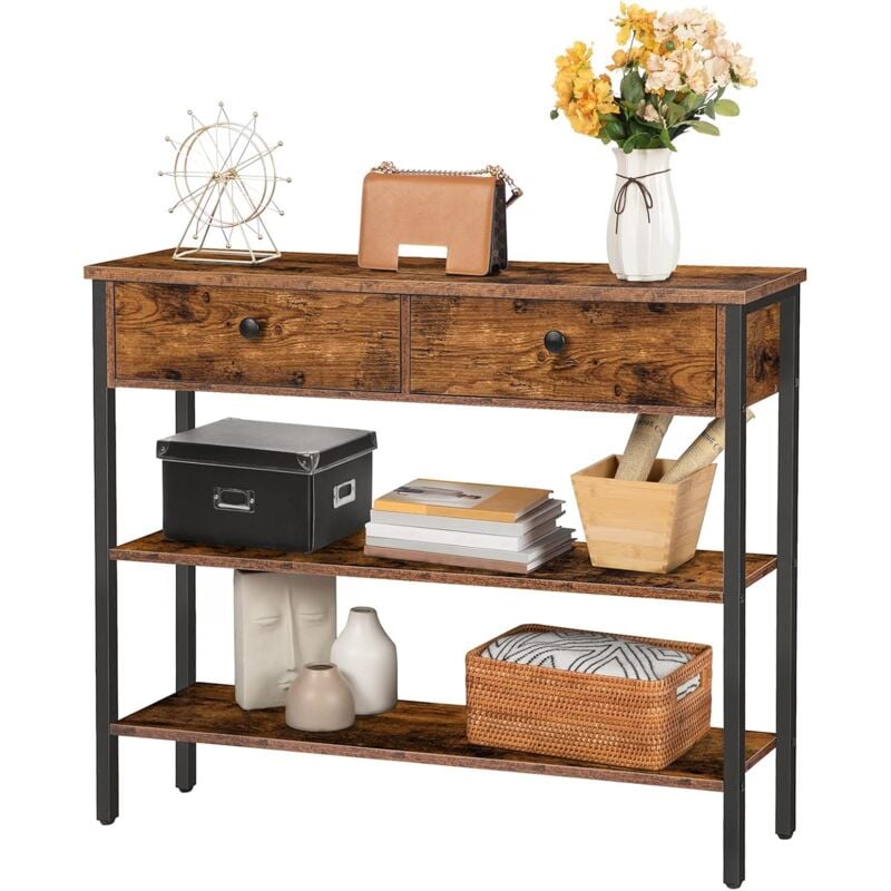 Hoobro - Table Console, Table d'Entrée avec 2 Tiroirs, Table d'appoint 2 Niveaux, Bout de Canapé avec Cadre Stable, pour Entrée, Salon, Style