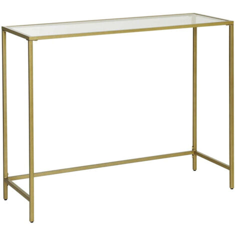Table console table d’entrée 100 x 35 x 80 cm bout de canapé dessus de table en verre trempé cadre métallique robuste pieds réglables pour salon entrée couloir doré