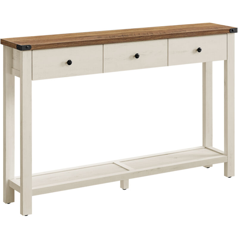 Table Console, Table d'Entrée avec 3 Tiroirs et Étagère de Rangement, pour Entrée, Salon, Style Campagnard, Marron Miel et Blanc Rustique