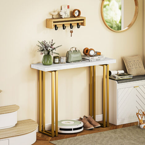 Table console. table d'entrée. avec plateau imitation marbre. structure en acier. 100 x 30 x 78.5 cm. blanc et or