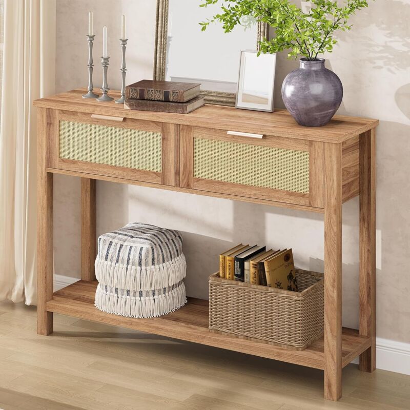 Hoerfuriy – Table console boho chic 109x30,5x79cm – 2 tiroirs spacieux – Étagère ouverte – Coins arrondis – Bois d'ingénierie beige
