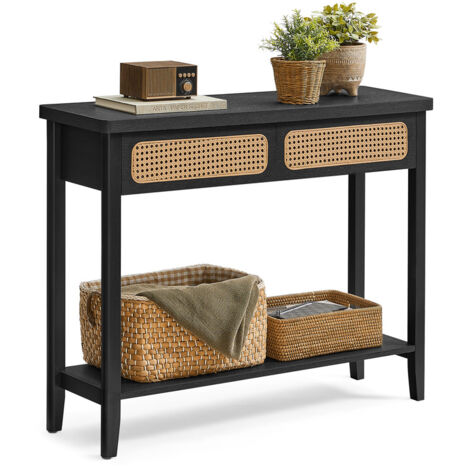 Table Console, Table d’Entrée, Bout de Canapé pour Salon, avec 2 Tiroirs, Étagère Ouverte, Coins Arrondis, Style Boho, Noir Cendré