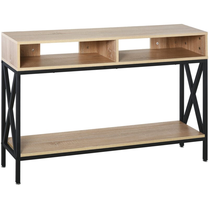 Homcom - Table Console Table d'Entrée Industriel Multi-rangements 120 x 23,5 x 75 cm Bois Chêne
