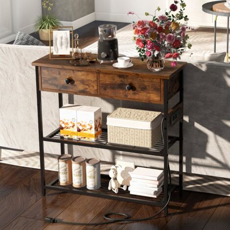 Table Console  Table d'Entrée Station Chargement Console Étroite 2 Tiroirs 2 Étagères Treillis Métallique Bois Rustique