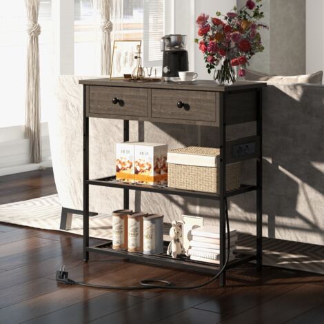 Table Console  Table d'Entrée Station Chargement Console Étroite 2 Tiroirs 2 Étagères Treillis Métallique Gris