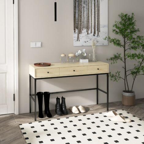Table console table d'entrée structure en acier 3 tiroirs effet bois style industriel 120 x 39.8 x 78 cm naturel noir