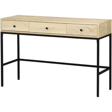 Table console table d'entrée structure en acier 3 tiroirs effet bois style industriel 120 x 39,8 x 78 cm naturel noir