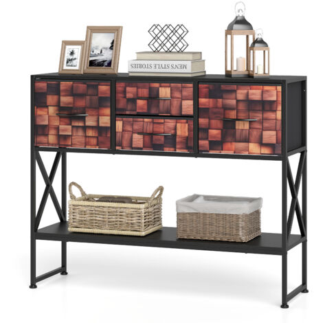 Table Console, Table pour Canapé avec 4 Tiroirs en Tissu, Étagère et Structure en Métal, Meuble de Rangement en Bois, pour Petit Espace, Couloir