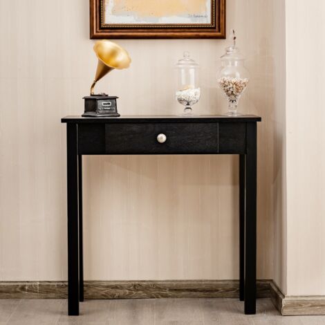 Table Console Tiroir Chevet Pieds Bois Massif Table d’Appoint Salon Salle de Bain Noir