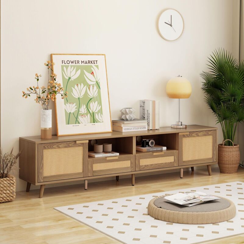 Okwish - Table console tv, 2003749cm, meuble tv au design en rotin véritable, meuble tv avec pieds en bois massif, planches tv en rotin tressé